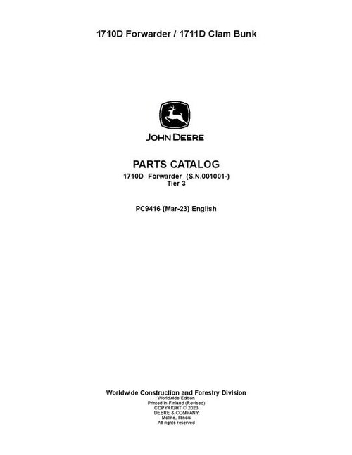 Pdf PC9416 - John Deere 1710D T3, 1711D Forwarder Parts Manual