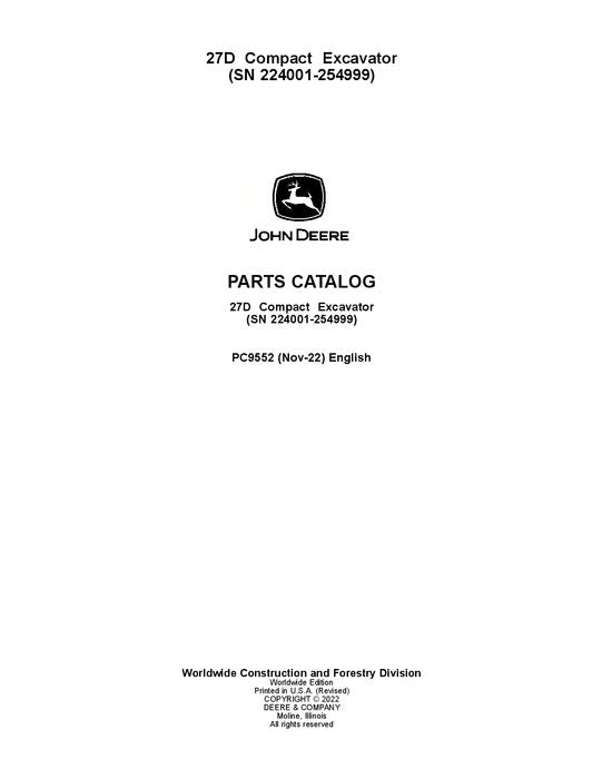 PC9552 - John Deere 27D D Series Excavator Parts Manual S.N. between 224001 – 254999