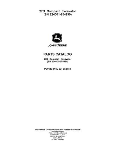 PC9552 - John Deere 27D D Series Excavator Parts Manual S.N. between 224001 – 254999