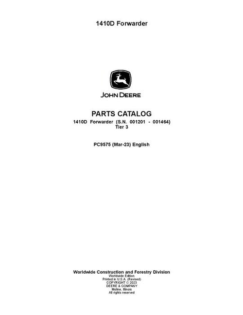 Pdf PC9575 John Deere 1410D Forwarder Parts Manual