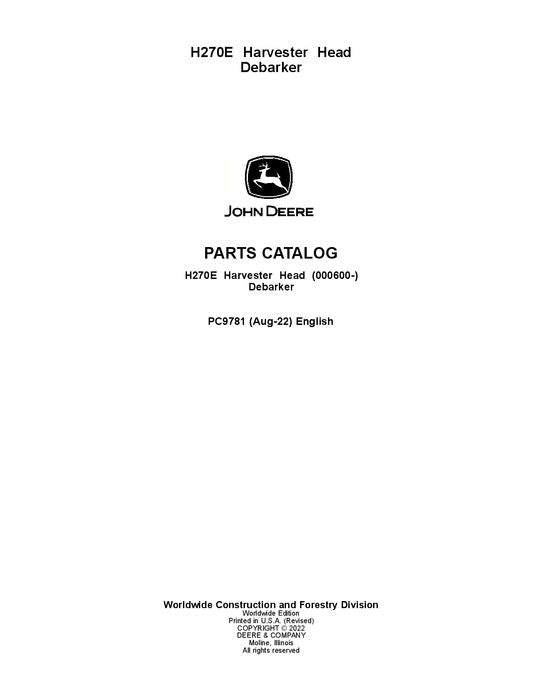 Pdf PC9781 John Deere H270E Harvesting Head Parts Manual