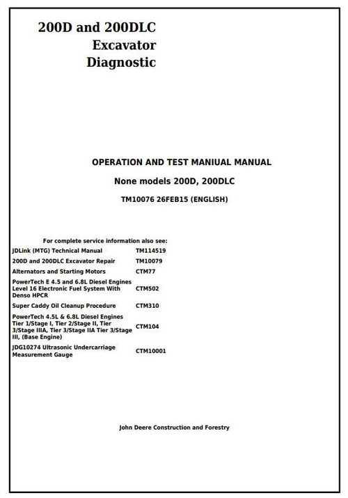 Pdf TM10076 John Deere 200D, 200DLC Excavator Diagnostic and Test Service Manual