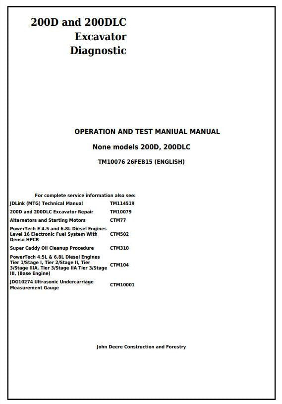 Pdf TM10076 John Deere 200D, 200DLC Excavator Diagnostic and Test Service Manual