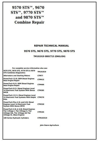 Pdf TM101919 John Deere 9570 STS, 9670 STS, 9770 STS and 9870 STS Combine Repair Service Manual