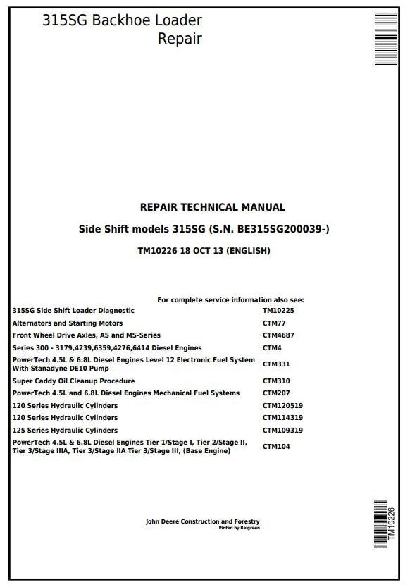 Pdf TM10226 John Deere 315SG Side Shift Loader (S.N. BE315SG200039-) Repair Service Manual