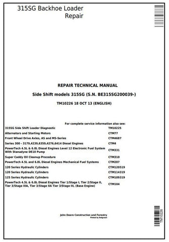 Pdf TM10226 John Deere 315SG Side Shift Loader (S.N. BE315SG200039-) Repair Service Manual