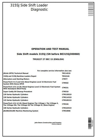 Pdf TM10227 John Deere 315SJ Side Shift Loader (SN:-BE315SJ300868) Diagnostic & Test Service Manual