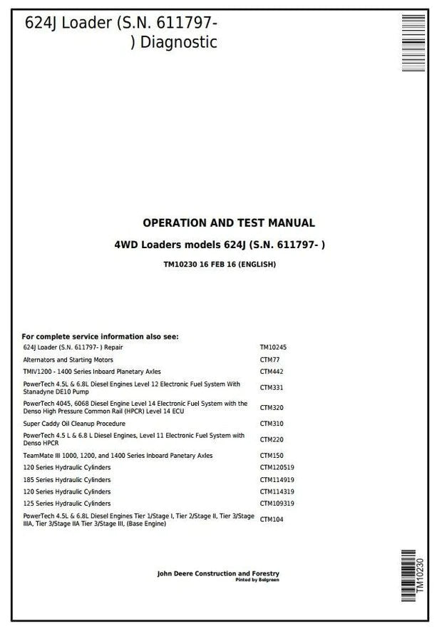 PDF TM10230 John Deere 4WD 624J Wheel Loader (SN. from 611797) Diagnostic and Test Service Manual