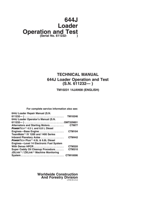 PDF TM10231 John Deere 4WD 644J Wheel Loader (SN. from 611232 ) Diagnostic and Test Service Manual