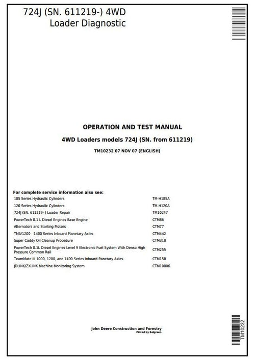 PDF TM10232 John Deere 4WD 724J Wheel Loader (SN. 611219-) Diagnostic and Test Service Manual