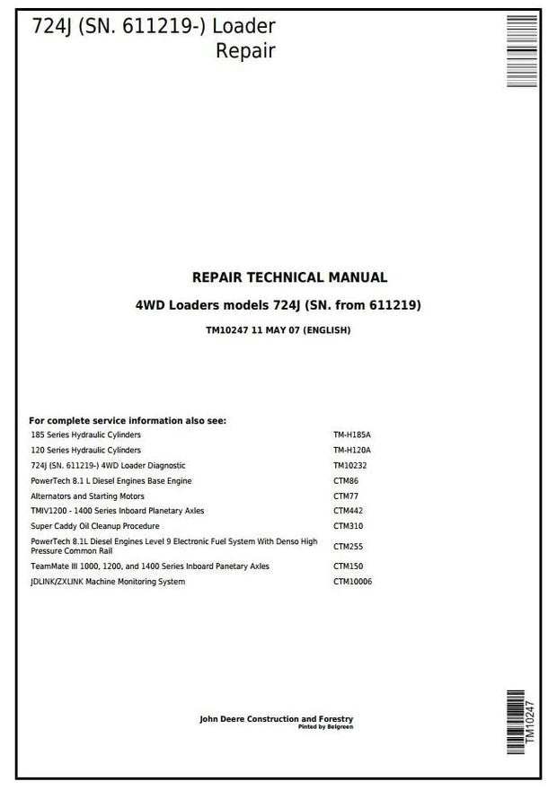 Pdf TM10247 John Deere 4WD 724J Wheel Loader (SN. 611219-) Repair Service Manual