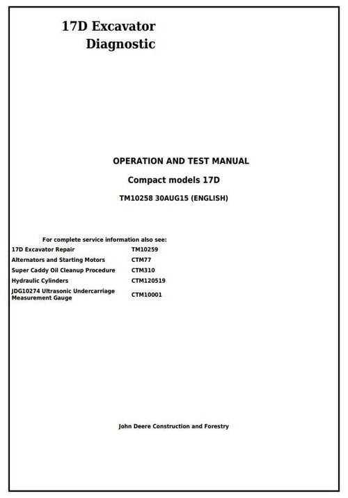 Pdf TM10258 John Deere 17D Compact Excavator Diagnostic and Test Manual