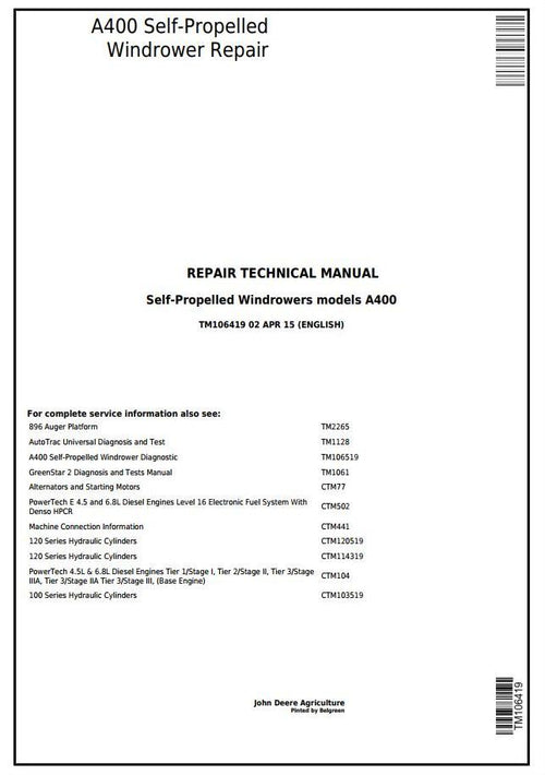 Pdf TM106419 John Deere A400 Self-Propelled Hay and Forage Windrower Repair Service Manual