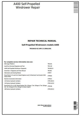 Pdf TM106419 John Deere A400 Self-Propelled Hay and Forage Windrower Repair Service Manual