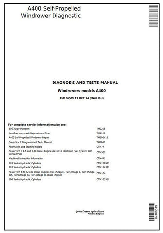 Pdf TM106519 John Deere A400 Hay and Forage Self-Propelled Windrower Diagnostic & Test Service Manual