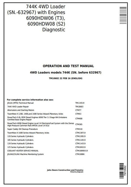 PDF TM10682 John Deere 4WD 744K T3/S2 Wheel Loader Diagnostic and Test Service Manual