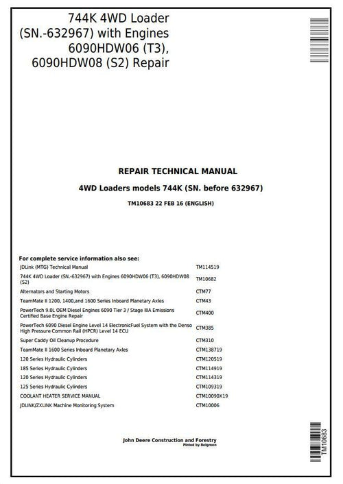 Pdf TM10683 John Deere 4WD 744K Wheel Loader (SN.-632967) w.Engines 6090HDW06, 6090HDW08 Repair Service Manual