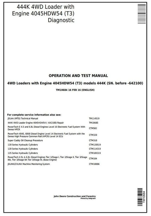 PDF TM10684 John Deere 4WD 444K (T3) Wheel Loader (SN.-642100) Diagnostic and Test Service Manual