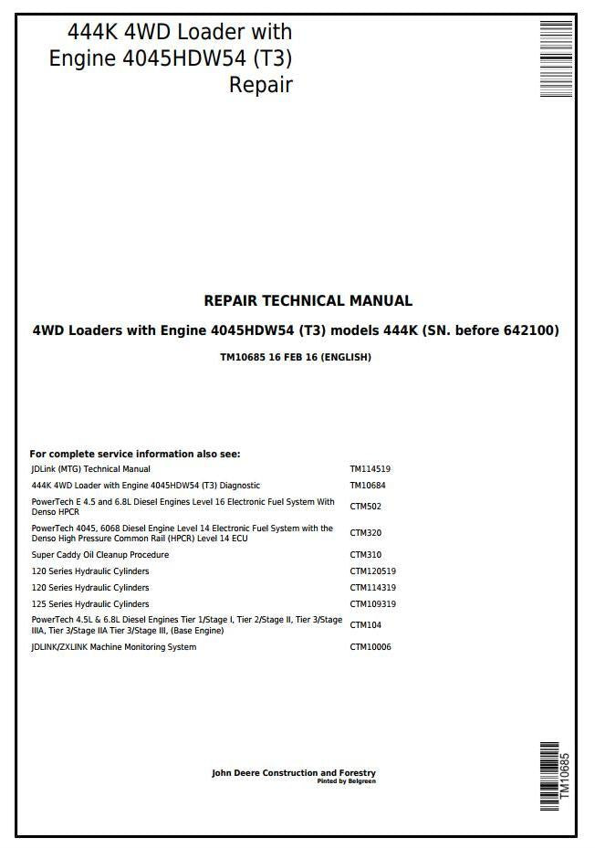 Pdf TM10685 John Deere 4WD 444K Wheel Loader w. Engine 4045HDW54 (T3) (SN. before 642100) Repair Service Manual