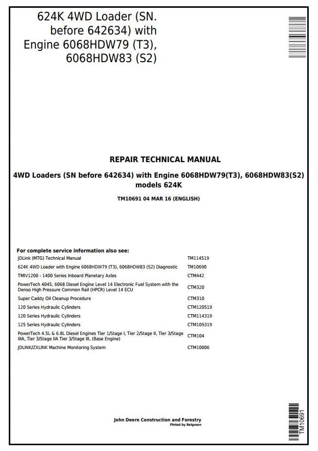 Pdf TM10691 John Deere 4WD 624K Wheel Loader (SN.-642634) w. Engines 6068HDW79, 6068HDW83 Repair Service Manual