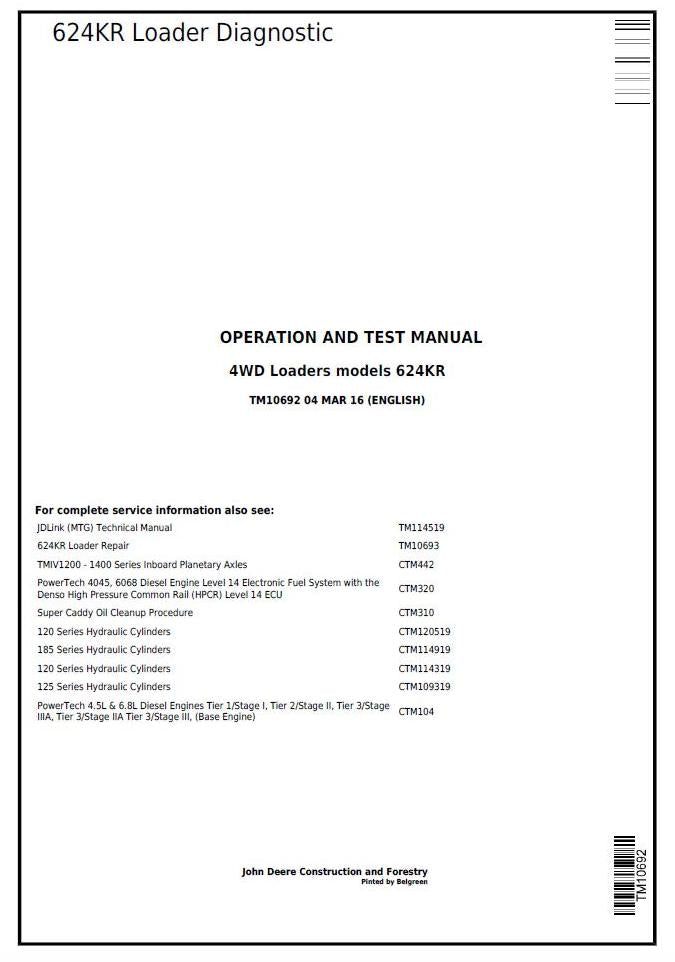 PDF TM10692 John Deere 4WD 624KR Wheel Loader Diagnostic and Test Service Manual