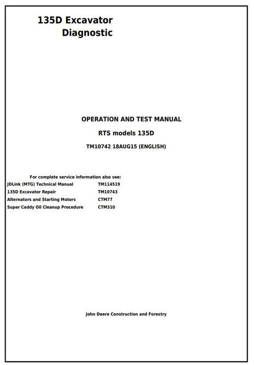 PDF TM10742 John Deere 135D RTS Excavator Diagnostic and Test Service Manual