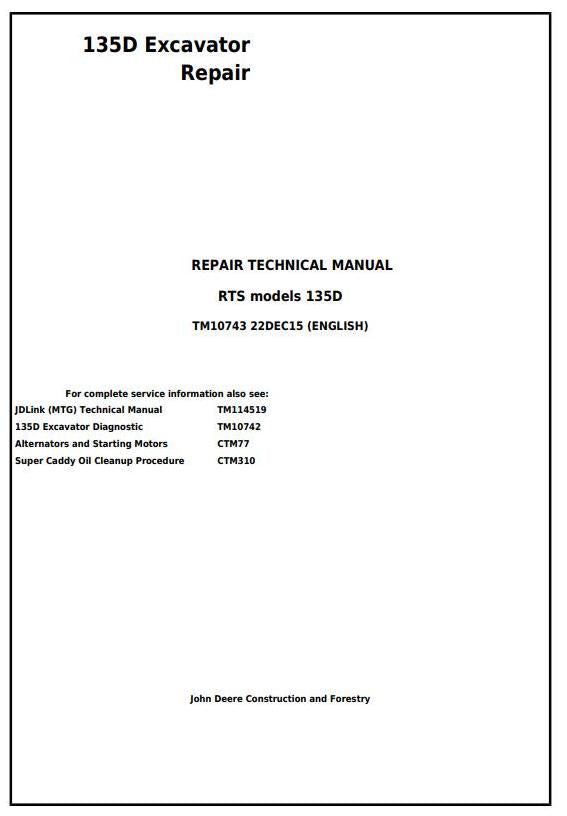 Pdf TM10743 John Deere 135D RTS Excavator Repair Service Manual