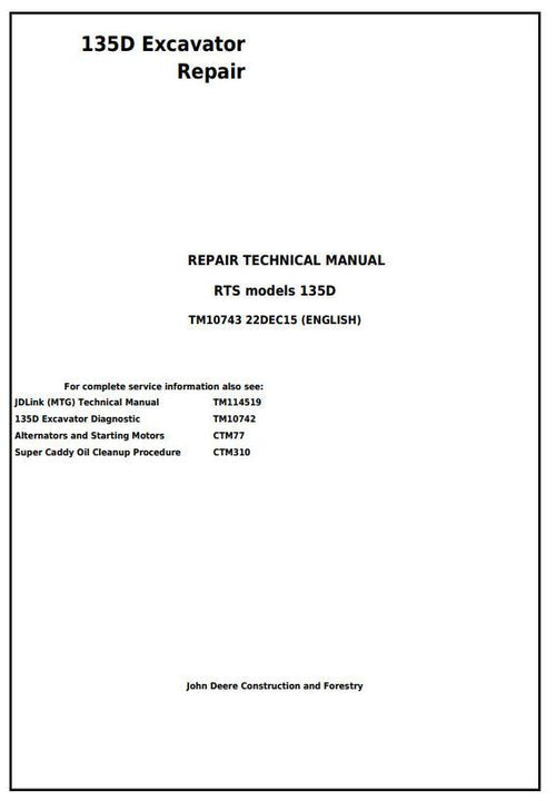 Pdf TM10743 John Deere 135D RTS Excavator Repair Service Manual