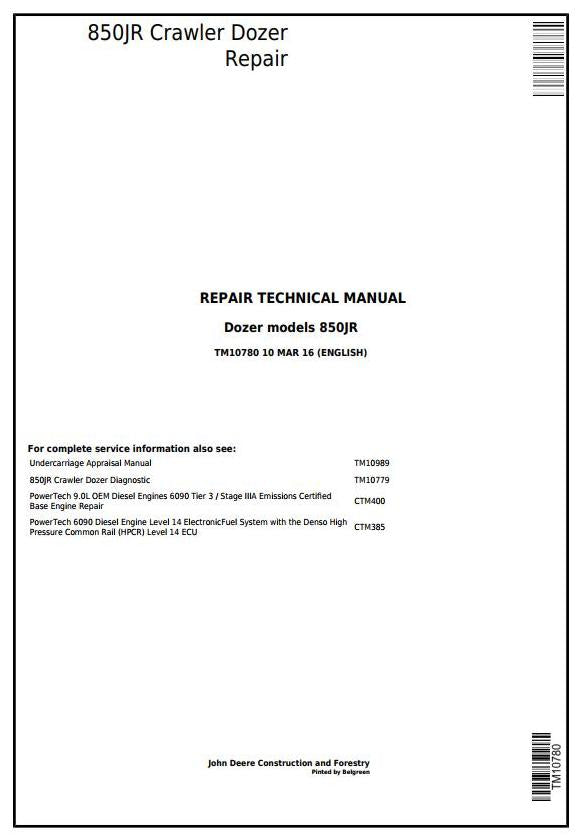 Pdf TM10780 John Deere 850JR Crawler Dozer Repair Service Manual