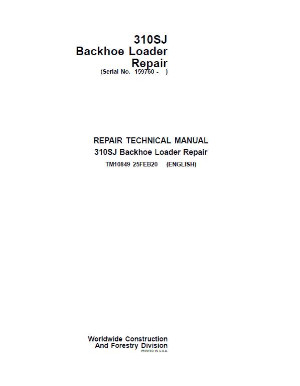 Pdf TM10849 John Deere 310SJ Backhoe Loader (S.N. from 159760) Repair Service Manual