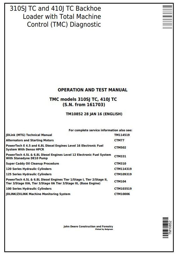 PDF TM10852 John Deere 310SJ TC, 410J TC Backhoe Loader Diagnostic & Test Service Manual