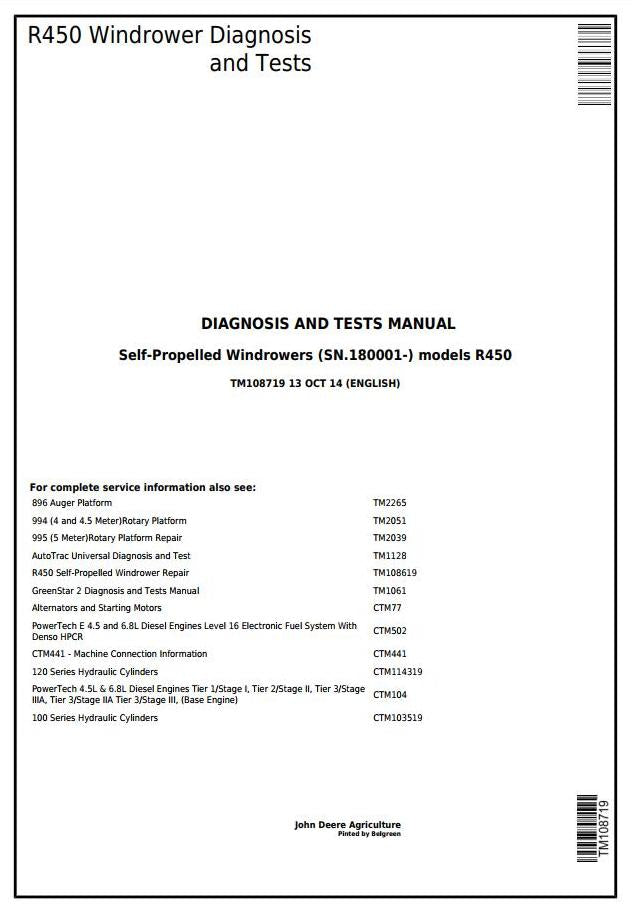 PDF TM108719 John Deere R450 Self-Propelled Hay and Forage Windrower Diagnostic & Test Service Manual