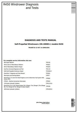 PDF TM108719 John Deere R450 Self-Propelled Hay and Forage Windrower Diagnostic & Test Service Manual