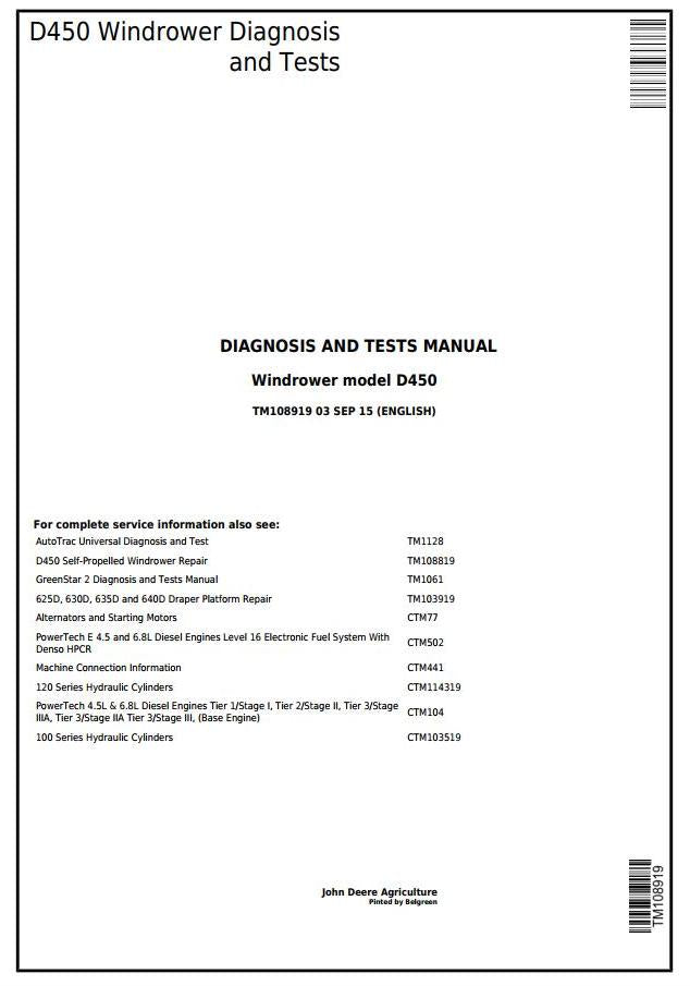 PDF TM108919 John Deere D450 Self-Propelled Hay and Forage Windrower Diagnostic & Test Service Manual