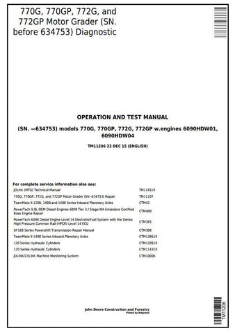 PDF TM11206 John Deere 770G, 770GP, 772G, 772GP Motor Grader Diagnostic & Test Service Manual
