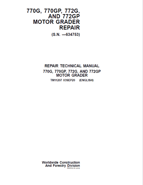 Pdf TM11207 John Deere 770G, 770GP, 772G, 772GP Motor Grader Repair Service Manual