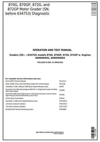 PDF TM11208 John Deere 870G, 870GP, 872G, 872GP Motor Grader Diagnostic & Test Service Manual