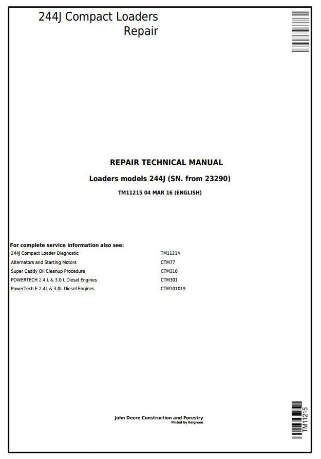 Pdf TM11215 John Deere 244J Compact Loader (SN. from 23290) Repair Service Manual