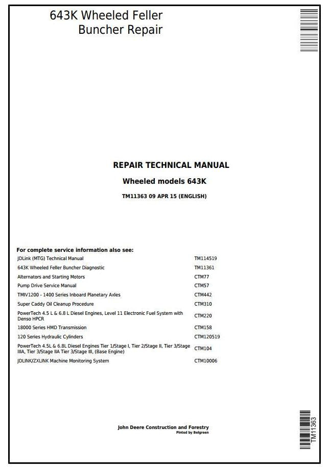 Pdf TM11363 John Deere 643K Wheeled Harvester/Feller Buncher Repair Service Manual