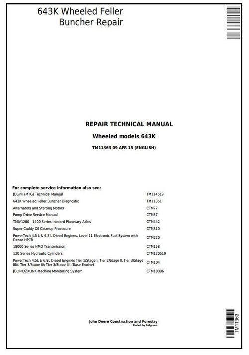 Pdf TM11363 John Deere 643K Wheeled Harvester/Feller Buncher Repair Service Manual