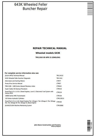 Pdf TM11363 John Deere 643K Wheeled Harvester/Feller Buncher Repair Service Manual