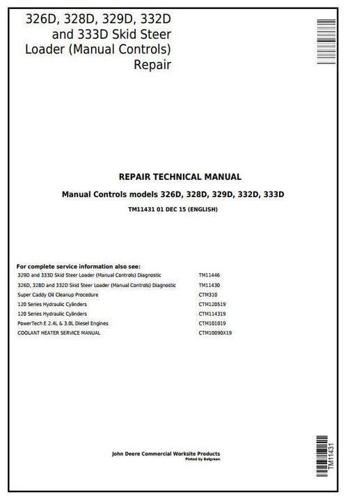 Pdf TM11431 John Deere 326D, 328D, 329D, 332D, 333D Skid Steer Loader W.Manual Controls Service Repair Technical Manual