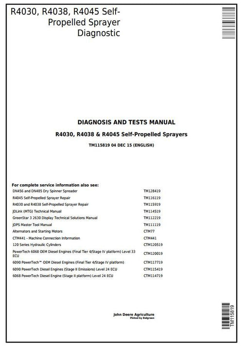 PDF TM115819 John Deere R4030 R4038 R4045 Self-Propelled Sprayer Diagnostic and Test Service Manual