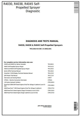 PDF TM115819 John Deere R4030 R4038 R4045 Self-Propelled Sprayer Diagnostic and Test Service Manual