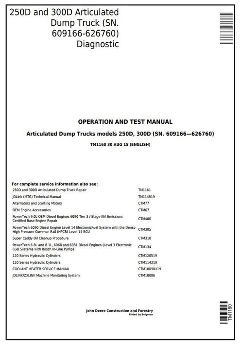 PDF TM1160 John Deere 250D, 300D Articulated Dump Truck Diagnostic and Test Service Manual