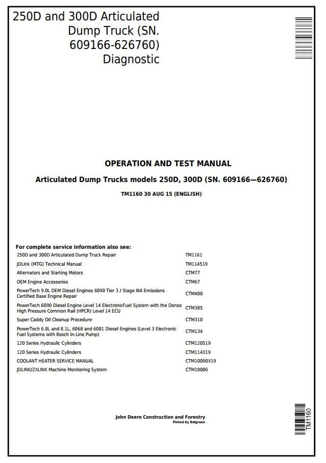 PDF TM1160 John Deere 250D, 300D Articulated Dump Truck Diagnostic and Test Service Manual