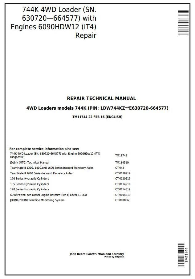 Pdf TM11744 John Deere 744K Wheel Loader (SN.630720—664577) w.Engine 6090HDW12 Repair Service Manual