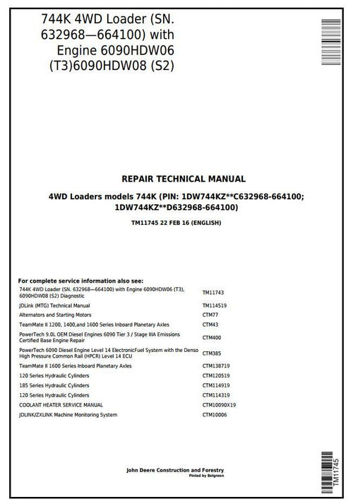 Pdf TM11745 John Deere 4WD 744K Wheel Loader (SN. 632968—664100) w.T3/S2 Repair Service Manual
