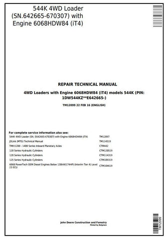 Pdf TM12099 John Deere 4WD 544K Wheel Loader (SN.from E642665) w.Engine 6068HDW84 (iT4) Repair Service Manual