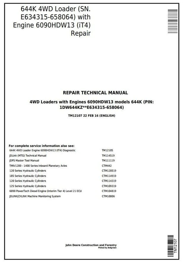 Pdf TM12107 John Deere 4WD 644K Wheel Loader (SN.E634315-658064) w. Engine 6090HDW13 (iT4) Repair Service Manual